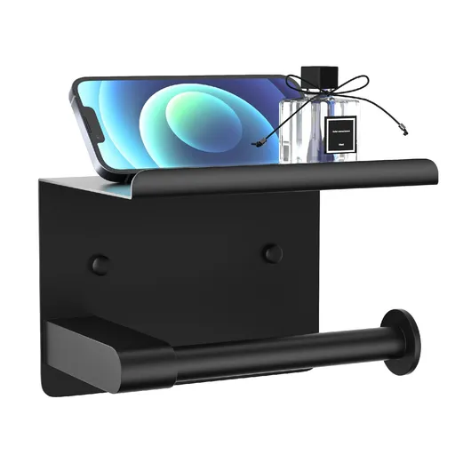 Toilet Paper Holder Wall Mount, Fits Mega Rolls Size Matte Black Toilet Paper Holder with Shelf, Rustproof Stainless Steel