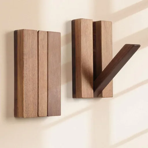 2PCS Foldable Retro Wooden Wall Hooks, Space Saving for Hats Bags Towels, Brown