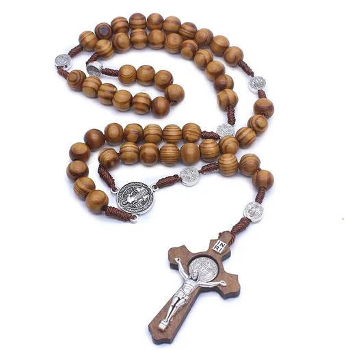 Wood Beads Rosary Necklace Saint Medal & Catholic Cross Religious Prayer Chaplet String Handmade, brown