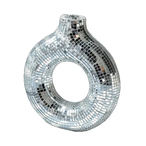 Mirror Donut Vase Modern Glam Decorative Vase for Home Office Party Centerpiece Reflective Tile Mosaic Round Disc Shaped