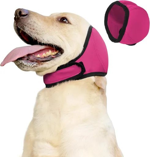 Waterproof Dog Ear Covers for Grooming, Bathing,Swimming, Pet Calming Hoodie Dog Ear Muffs Noise Protection for Blow Drying Sleep Help Headband (Pink，M)