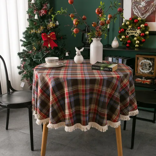 Round checkered tablecloth - Vintage round tablecloth - Party decoration - Checkered tablecloth - Festive wedding decoration - Round tablecloth with tassels - Suitable for kitchen, dining room, table decoration (Size: 90 cm) - Brown - 90*90 cm