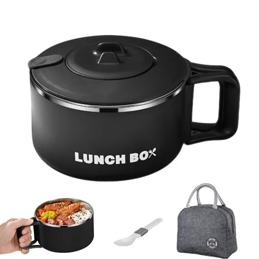 1200ML Large Ramen Bow with Lid Spoon Storage Bag Stainless Steel Food Container for Microwave - Black