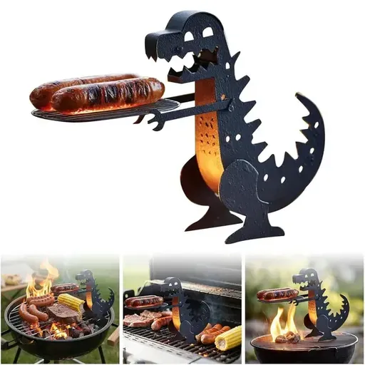 Dinosaur-Shaped Stainless Steel Sausage Holder for BBQ Grills, Camping, Outdoor Cooking and Summer Barbecue, Black