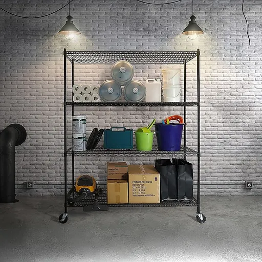 Wire Storage Rack – 150x35cm Black Shelving with Wheels