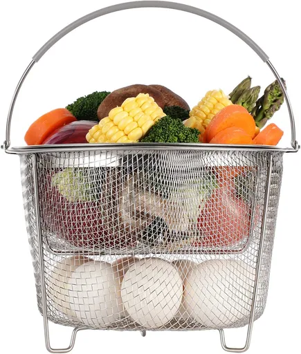 Steamer Basket for Instant Pot Accessories 6 qt or 8 quart - 2 Tier Stackable 18/8 Stainless Steel Mesh - Silicone Handle - Vegetable Steamer Insert, Egg Basket, Pasta Strainer,Silver