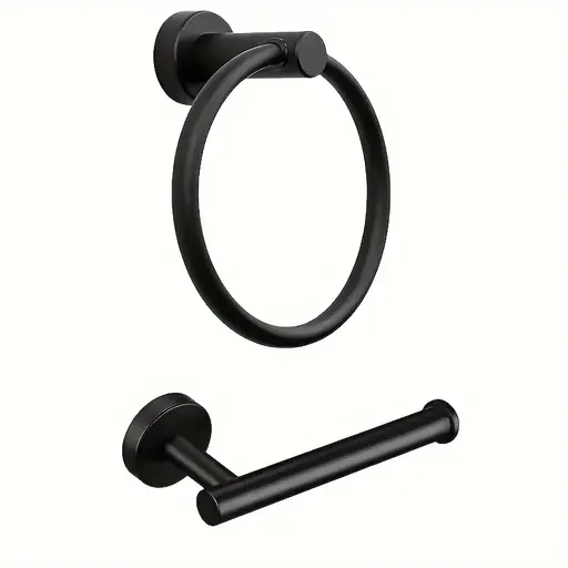 Stainless steel bathroom accessory set, rust-proof durable, towel ring & toilet paper holder 2-piece set, practical choice for bathrooms!/black
