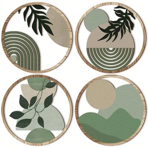 4Pcs Boho Green Wall Art – Wooden Bohemian Plant Wall Sign, Farmhouse Geometric Hanging Decor, Aesthetic Wood Minimalist Art for Apartment Bedroom, Self-Adhesive Room Decor