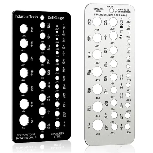 2 pack Stainless Steel Drill Gauge - 29-Holes Standard Metric Size, 1/16 Inch to 1/2 Inch Drill Bit Index, 1pc Black + 1pc Silver