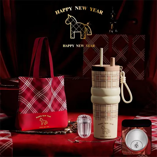 Beige British Equestrian Plaid 710ML Insulated Travel Mug with Dual-Drink Lid, Straw & Straw Cap - 316 Stainless Steel Car Coffee Tumbler with Tea Water Separator Ball and Matching Protective Sleeve (Delux Gift Box)