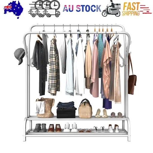 White Heavy Duty Metal Double Clothes Rail Rack Garment Hanging Shoe Storage Shelf AU