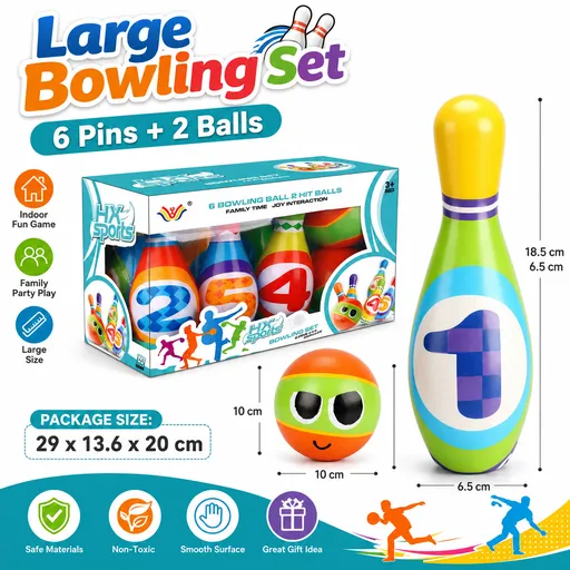 Large Bowling Set 6 Pins 2 Balls Indoor Outdoor Family Party Game Oversized Soft Bowling Toy Set for Fun Activities Sports Practice and Gift