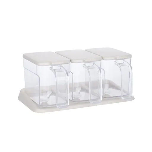 Seasoning Box Set Plastic Clear 3 Grids Large Capacity Condiment Box with Spoons for Kitchen Apricot