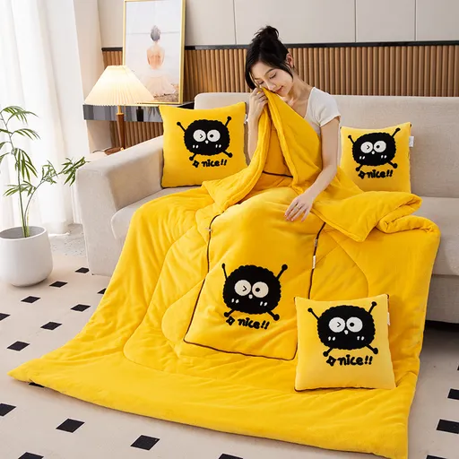 Yellow Padded and Thickened Elf 2-in-1 Foldable Car Pillow Blanket - Cozy 40x40cm Pillow, Unfolds to 100x150cm Blanket for Travel and Office Naps