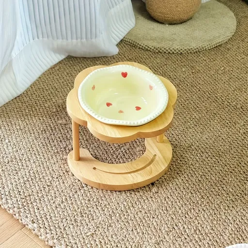 Ceramic Pet Feeder with Wood Stand | Tilted Cat Bowl for Comfortable Eating, Anti-Tip Design（Zhu Dian ai Xin wan）