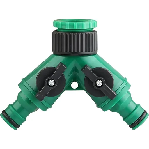 Two-Head Faucet Splitter – Leak-Proof & Fits Standard Hoses – Perfect for Garden, Washing Machine or Dual Watering, Garden Hose Splitter (2 Way) with Shut-Off Valve, Easy Grip (Green)