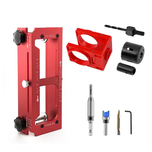 9-Piece Hinge and Door Lock Installation Kit with Adjustable Locator Template, Hole Saws and Drill Bits for Wooden Doors, Home Improvement and Carpentry Hardware Fitting (Red)