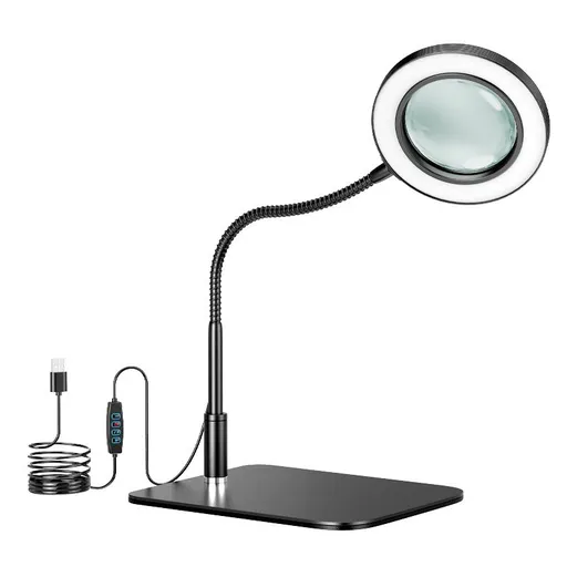 10X Desk Magnifying Glass with Light and Stand, Large Magnifying Lamp Magnifying Light for Crafts Hands Free, Upgrated Head Button Reading Magnifier for Books Sewing