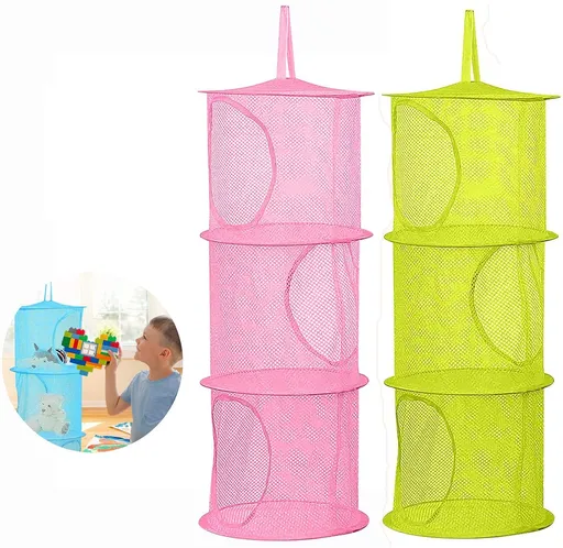 2 Pcs Hanging Mesh Stuffed Animal Storage Hammock Net, Foldable Toy Storage Organizer 3 Compartments Net for Stuffed Animals Corner for Boys, Girls, Gloves, Hats, Socks Pink-green