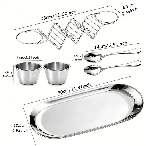 6-Piece Luxury Stainless Steel Burrito Serving Set – Polished mirror finish, complete with burrito holder, serving tray, and sauce cups. (Silver)