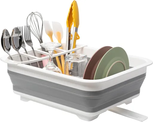 Collapsible Dish Drying Rack, Pop Up Dinnerware Drainer and Plate Organiser for Kitchen, RV, Caravan, Camping and Travel, Grey