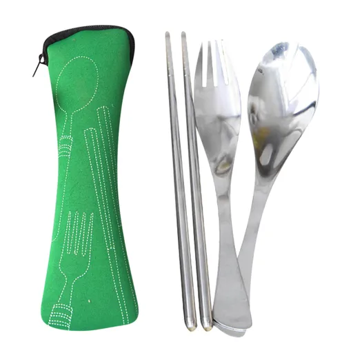1 Pair Portable Cutlery Set Stainless Steel Knife Fork Spoon Family Travel Camping Cutlery, for Home Kitchen Cooking and Food, Green