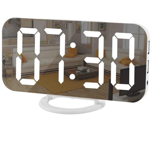 Digital Alarm Clock,Large Display LED And Mirror Desk Clock With Dual USB Charger Ports, 3 Levels Brightness