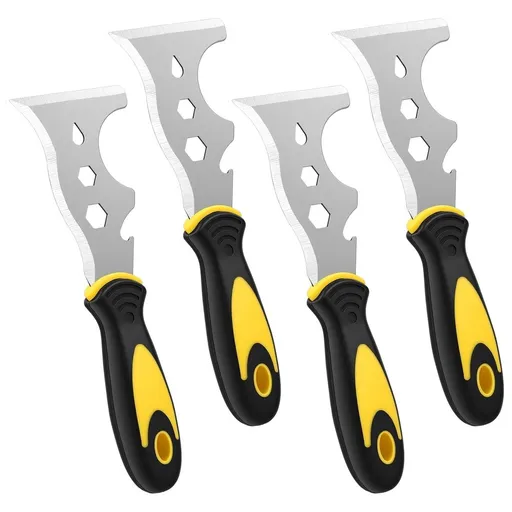4Pcs 12 in 1 Putty Knife Set, Stainless Steel Paint Scraper Tool with Ergonomic Handle for Caulk Removal Paint Stripping DIY and Construction