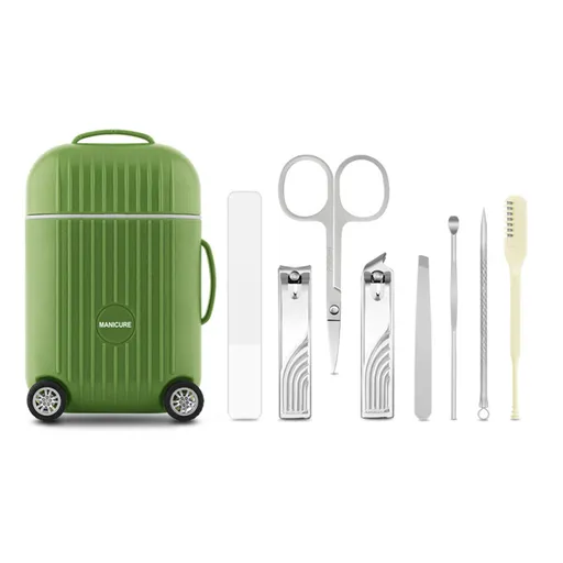 Green Mini Suitcase Manicure Set - 8-Piece Portable Grooming & Nail Care Travel Kit