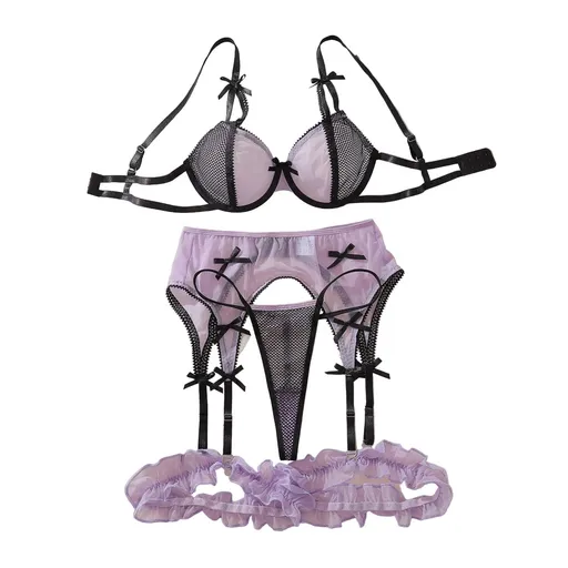 House Of Dasein Color Blocking Mesh Bra Set With Hollowed Out Perspective And Fun Lingerie Underwear 4 Piece - Dark Purple - S