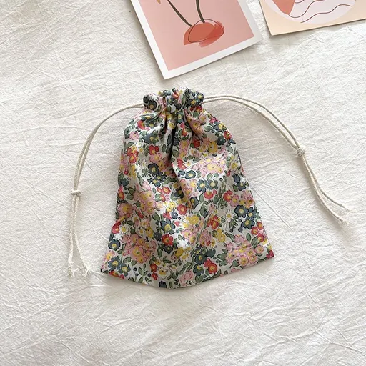 Travel Storage Cotton Bag Drawstring Multi-Purpose. Pink small floral-cotton material