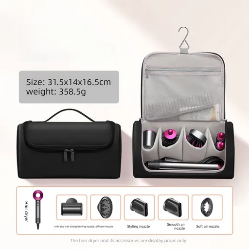 Black Portable Hair Dryer and Curler Storage Bag Waterproof PU Leather Travel Case with Hanging Hook for Local Professionals and Modern Lifestyles