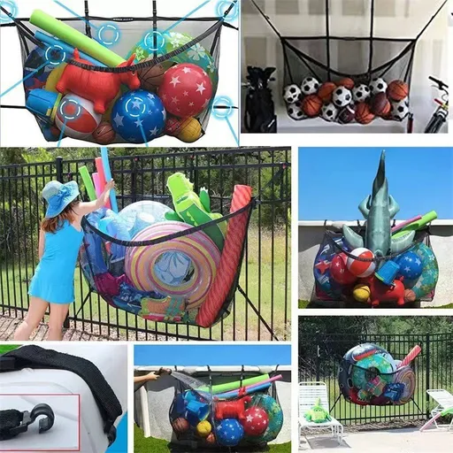 Black Large Hanging Pool Toy Storage Bag - Mesh Net Organiser for Swimming Floats, Sports Balls & Inflatables - 145cm Extra Large Capacity for Outdoor Fences & Garage