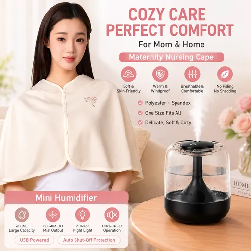 2 pcs Relaxing Winter Set - Beige Nursing Cape and Black Mini Humidifier Soothing – Soft Postpartum Shawl & 650ml USB Air Humidifier for Home Comfort，Relax Self Care Present for Women