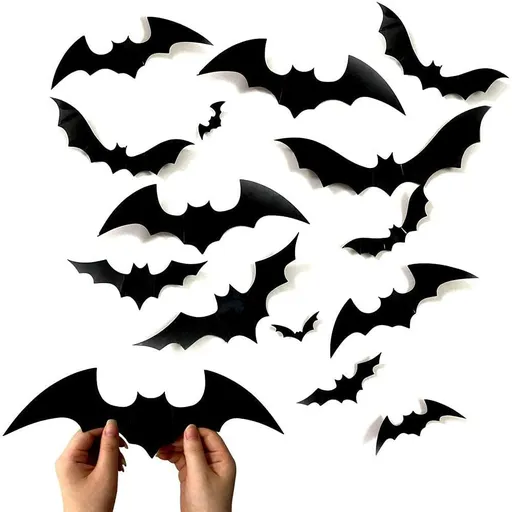 60PCS Bats Wall Decor Halloween 3D Bats Decoration Scary Bats Wall Decal Wall Sticker 4 Sizes Realistic PVC Scary Black