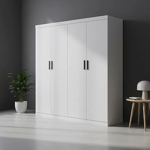 4 Door White Wardrobe Cabinet – Hanging Rail, Shelves & Black Handles