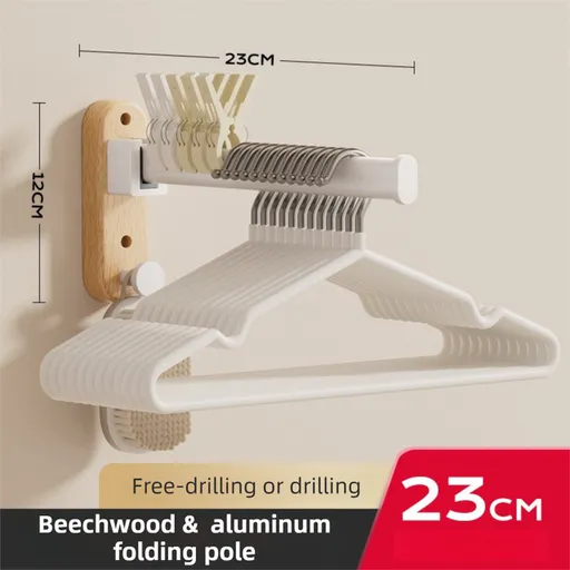 23CM Moisture Aluminum Folding Towel Rack Integrated Bottom Hook - 90° Folding White Beechwood Grain Wall-Mounted Drying Rod and Organize