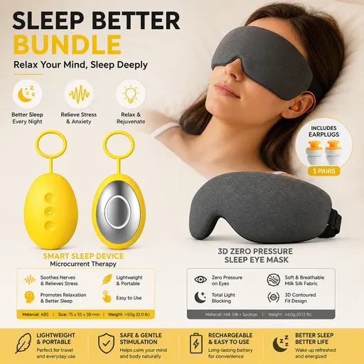 Sleep Aid Combo Set - Yellow Portable Microcurrent Handheld Device and Grey 3D Zero Pressure Eye Mask with Earplugs, USB Rechargeable Relaxation Tool for Travel and Home Use