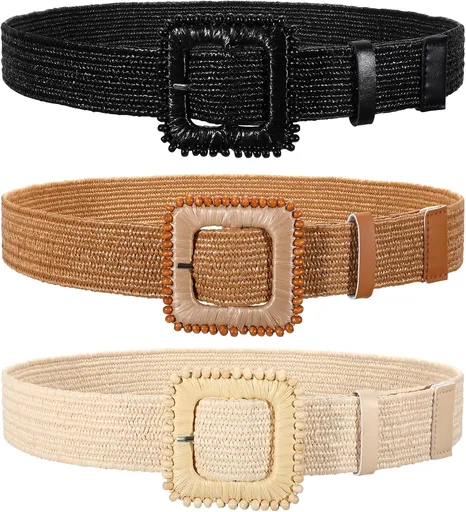 3 Pack Straw Woven Stretch Belt for Women,Raffia Elastic Belt for Dress Wide Boho Waist Belt with Square Buckle