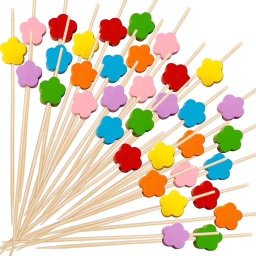 Cocktail sticks - Satay sticks - Tapas sticks - Flowers - Party supplies - Snacks - Birthday - Decoration - Snacks - High Tea - Summer - Garden party - Treat - Fruit sticks - Wood - Bamboo - 12 cm - Multi-colored - 100 Pieces