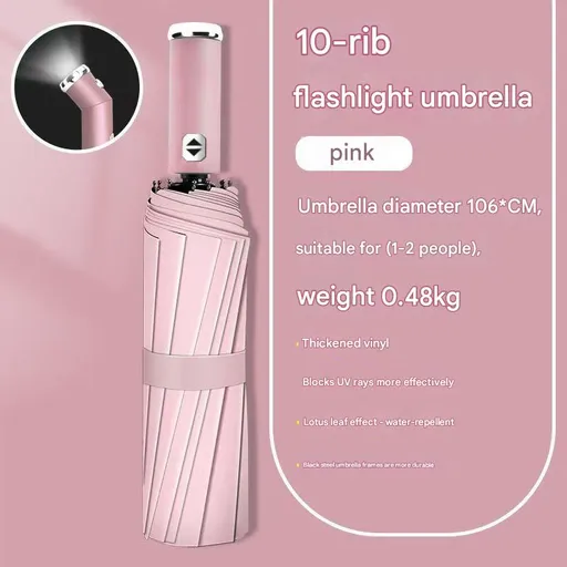 Pink Reinforced Black Coating Umbrella, featuring a 10-rib black steel frame for durability, approximately 106cm in diameter, lightweight and portable. Combines lotus-effect water repellency with strong UV protection, an ideal companion for 1–2 peopl
