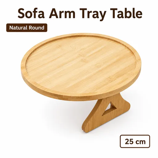 Bamboo Sofa Arm Tray Table, Clip-On Couch Armrest Table for Recliners and Armchairs, TV Dinner, Drink, Snack and Remote Holder, Natural Round, 9.8 Inch