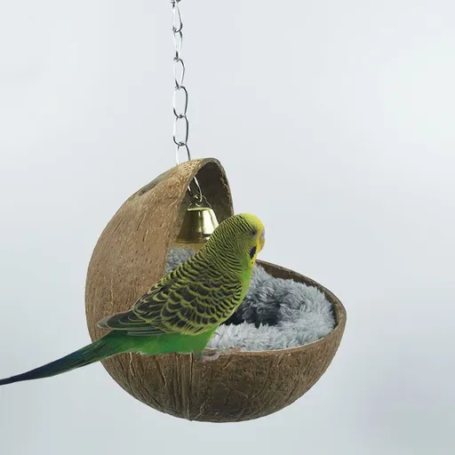 Natural Coconut Shell Bird Nest House Bed with Warm Pad for Parrot Parakeet Hamster Rat Mice Chinchilla Cage Toy Nesting Box