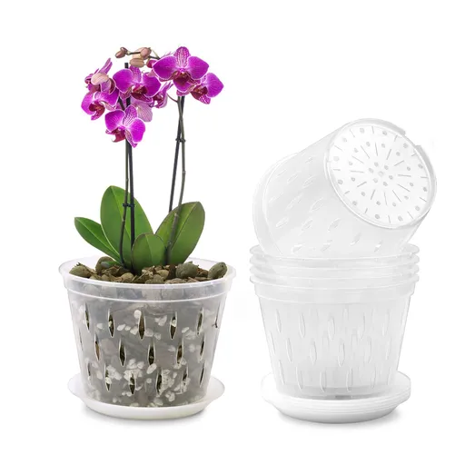 Orchid Pot, 5 Inch 6 Pack Orchid Pots with Holes and Saucers, Clear Plastic Orchid Pots Ultra Cost-effective Orchid Pot Kit