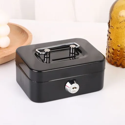 Lockable Cash Box Metal Compact with Coin Slot Key Lock Portable Black 115x85x58mm