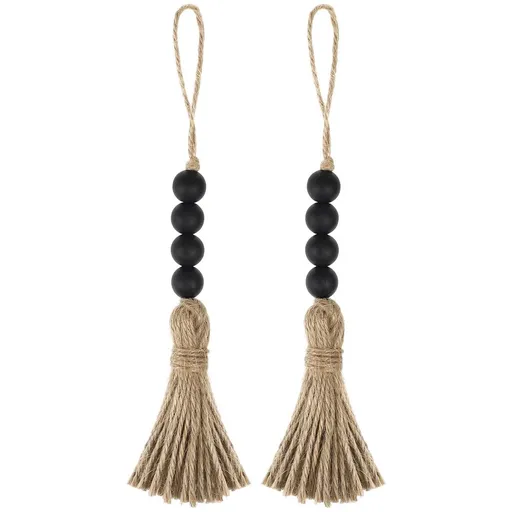 2Pcs Rustic Style Wooden Bead Hanging Wall Beads with Rope Tassels for Home Decor