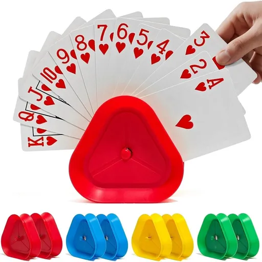Playing Card Holders 4 Pack - Triangle Hands Free Card Holder for Kids, Adults, Seniors | Plastic Card Holders for Poker, Game Nights, Classroom Activities (4 Colors)