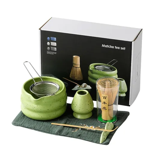 7-Piece Ceramic Matcha Tea Set with Bowl Whisk and Accessories, Green