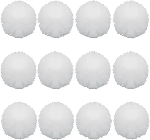 12 Pack Small Faux Fur Pom Pom Balls, 2.75 inch Fluffy Pompom Ball Elastic Loop Accessories, White Pompoms for Hats/Shoes/Scarves/Gloves/Bags