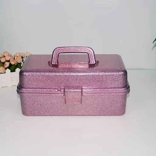 Plastic Storage Box with Lid and Handle Three-Compartment Organizer Small Pink 33 x 14.5 x 19.5 cm